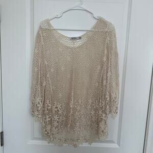 Women's Floral Crochet Beige Bohemian Festival Cover Up Cottage Top Size M